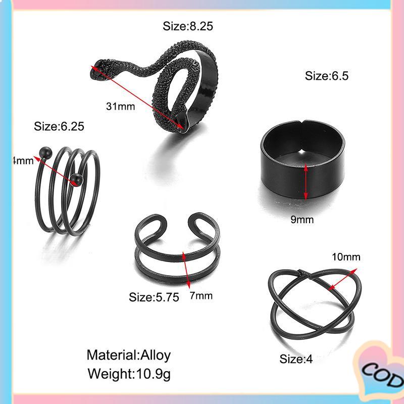 COD❤️ 5PCS kreatif ms. Jane cincin wanita menggabungkan cincin ular hitam geometri-A.one