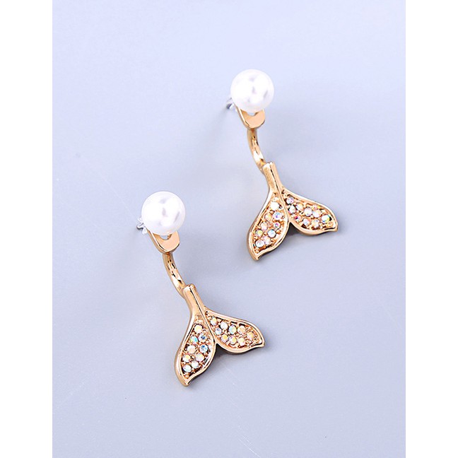 LRC Anting Tusuk Fashion Diamond-tailed Fishtail White Gold Crystal Diamond Drop Pearl Earrings F914