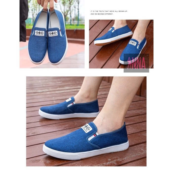 Terbaru SH26 Sepatu Pria Casual Denim Canvas Shoes Slip On Men Shoes - black, 44 Murah