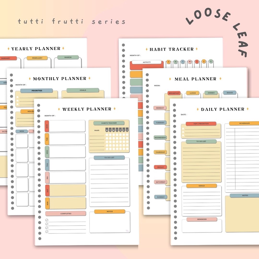 

Loose Leaf / Isi Binder Solucine - 12 Lembar - A5 / B5 - Tutti Frutti Series - Yearly Planner / Monthly Planner / Weekly Planner / Daily Planner / Meal Planner / Habit Tracker / Study Planner / To do List / Shopping list