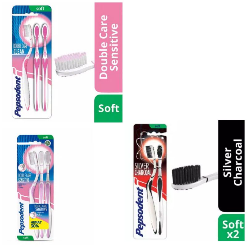 Pepsodent Toothbrush Sikat Gigi Double Care Sensitive Soft isi 3 (sikat Gigi Bulu Halus)