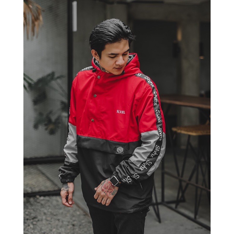 Jaket Cougle Salviohexia Jaket Parasut Jaket Pria Jaket Outdoor Merah Hitam