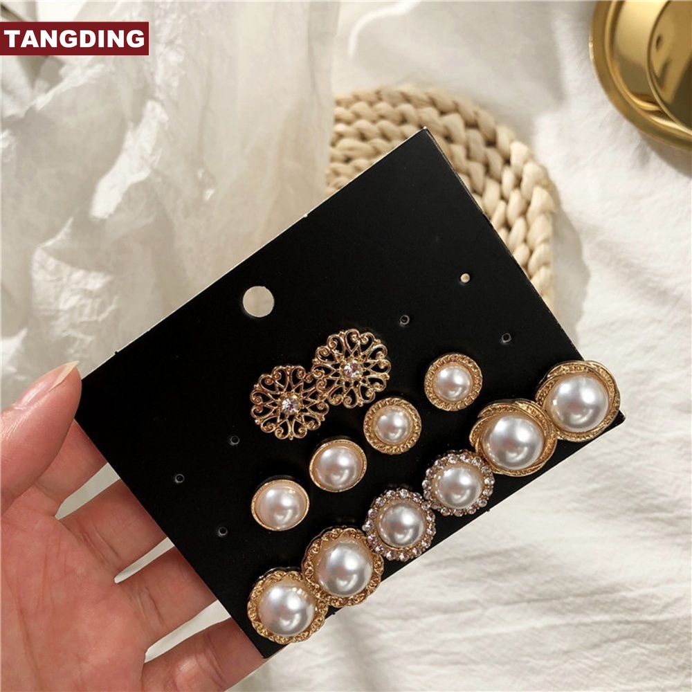 【COD Tangding】6 Pairs Simple Retro Fashion Temperament Ear Stud Fashion Pearl Earrings Set Jewelry Women Accessories