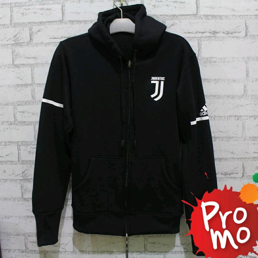 JAKET JUVENTUS HITAM BLACK TRACKER BOLA PARASUT WATERPROOF HOODIE