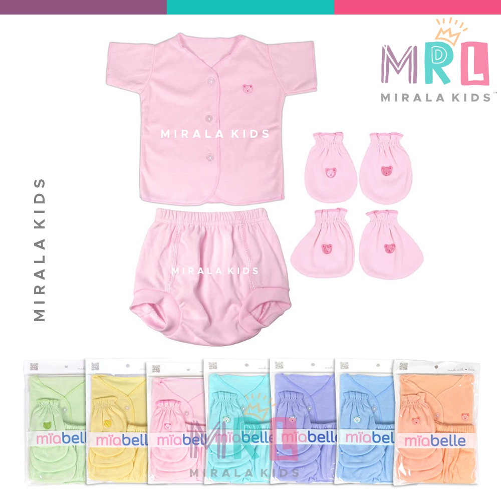 Miabelle Newborn Set 3in1 Warna Polos Pendek (Baju + Celana Pop + STK)