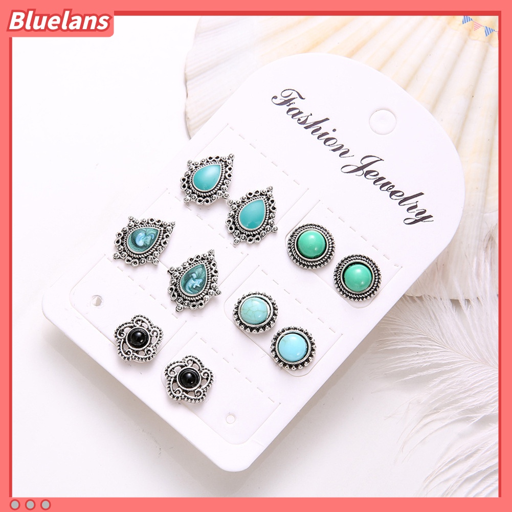 Bluelans 5 Pasang Anting Tusuk Gantung Desain Bunga Hias Turquoise Imitasi Gaya Bohemian Untuk Wanita