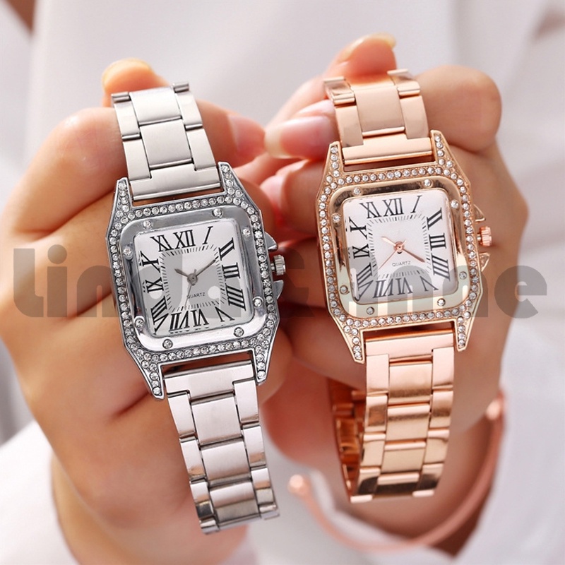 Jam Tangan Wanita Mewah Stainless Steel Analog Dial Kotak Romawi Fashion Korean Style Import