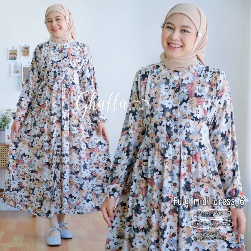 FULY MIDI DRESS BY GHAFFA THE LABEL / MIDI WANITA MUSLIMAH / motif bunga rayon viscose uniqlo