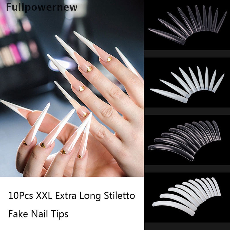 (FULL) 10pcs / Set Kuku Palsu Model Stiletto Ekstra Panjang Untuk Nail Art