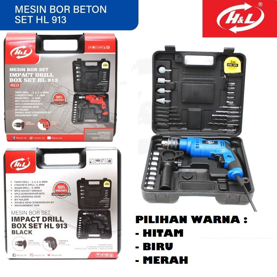 Mesin Bor Listrik Set H&amp;L 13mm Impact Drill Box Set Komplit HnL HL913