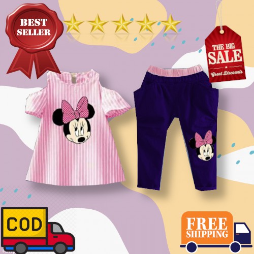 Vision Online-stripy minnie pinky/1 set baju anak perempuan 1-4 tahun dan celana denim murah bagus