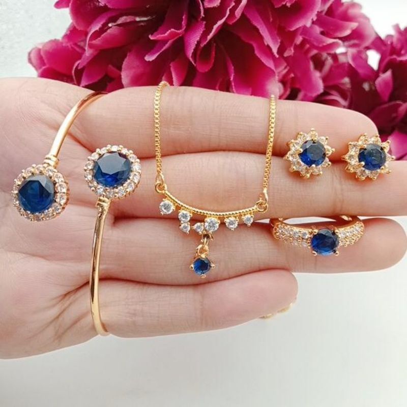 set perhiasan wanita permata biru model terlaris