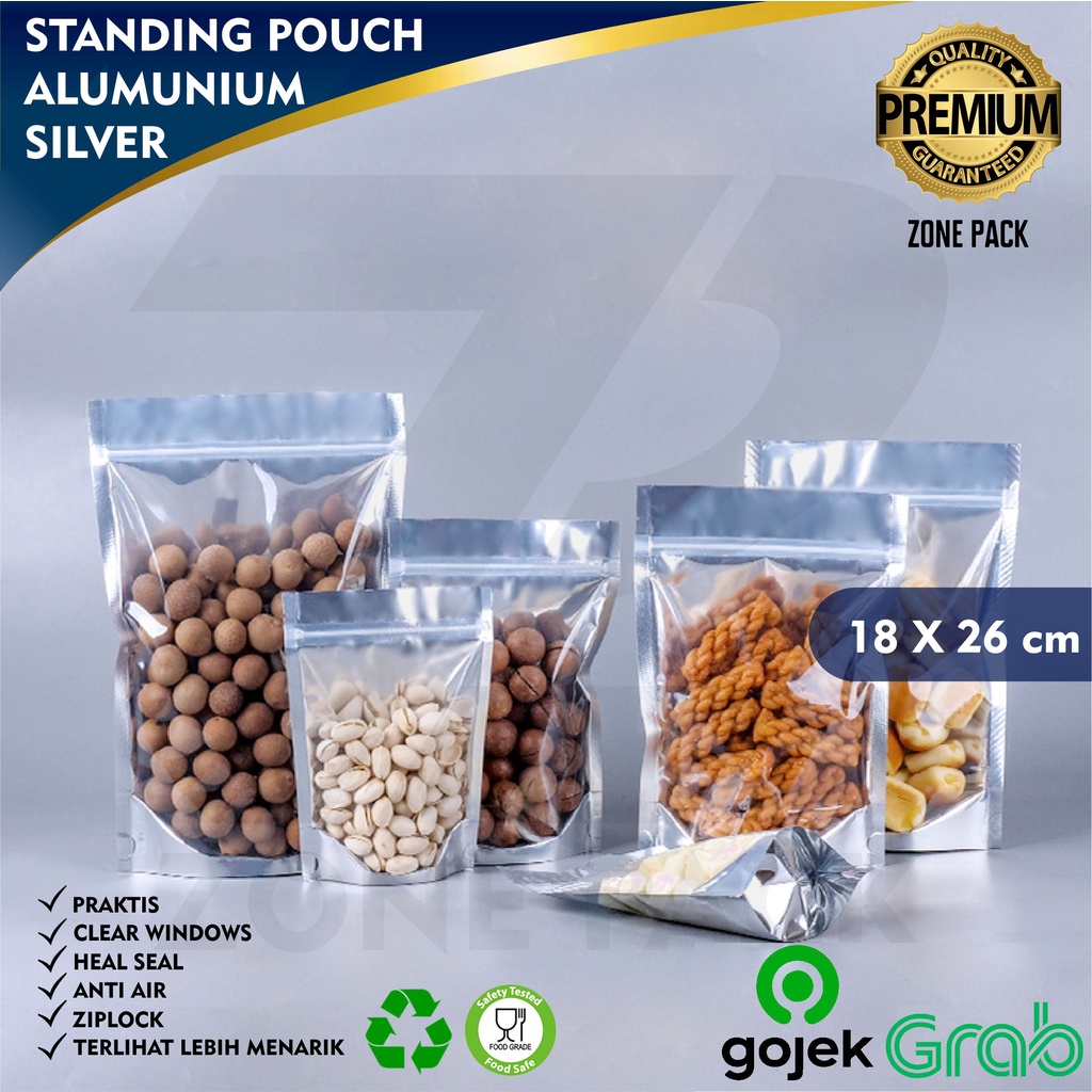 Standing Pouch Silver Metalized Foil  18 x 26 Cm I Alumunium Foil Ziplock I Kemasan Snack Makanan Pl