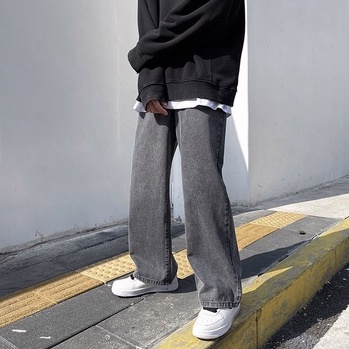 Celana Jeans Pria Celana Panjang Pria Korean Style Straight Jeans Santai Longgar Pria Oversize Celana Denim Hitam