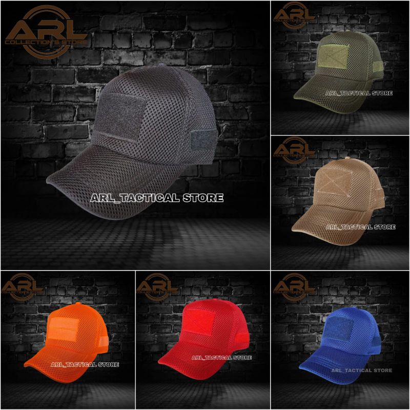 topi double mess polos hitam - hijau army - cream tua - orange - merah - biru - topi jaring tactical velcro