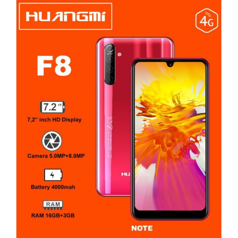 HP ANDROID BARU 4G LTE HUANGMI F8 NOTE RAM 3GB/16GB LAYAR 7,2 INCH WATERDROP FINGERPRINT BATT TANAM 