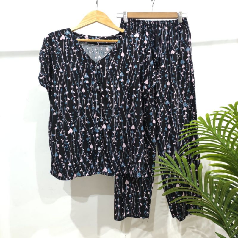 PIYAMA KANCING HITS NON KERAH/V-NECK PIYAMA KANCING BUSUI | PIYAMA RAYON | HOMEWEAR-NK AU