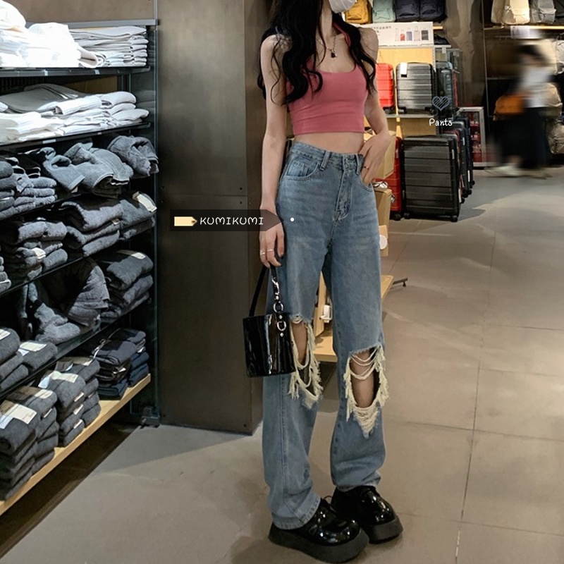 Gaya Korea Jeans Retro Jeans Wanita Pinggang Tinggi Slim Celana Lurus Musim Panas Longgar Lebar Kaki