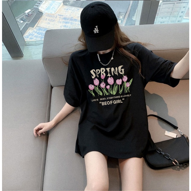 Kaos Couple Oversize Kekinian Vintage Letter and Flower Cartoon Pattern Printing Lengan Pendek T-shirt Baju Wanita Hitam