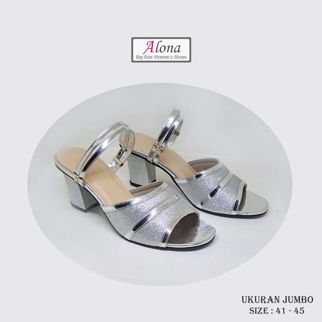 Sendal Heels Wanita Silver Gliter pesta Mewah Ukuran Jumbo 41,42,43,44,45 Elegan