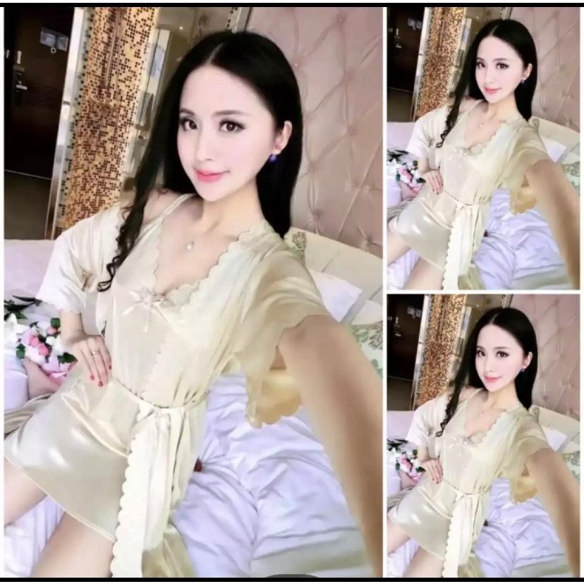 BAJU TIDUR KIMONO LINGGERIE SEXI 2IN1 JUMBO SATIN IMPORT