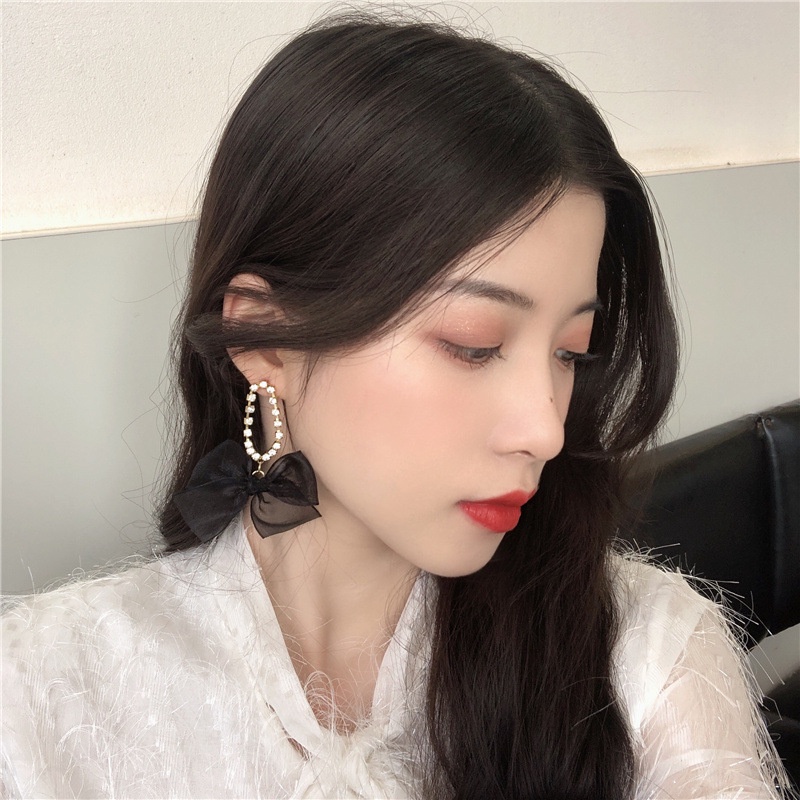 Anting S925 Silver Needle Bentuk Pita Warna Hitam Gaya Korea Untuk Wanita