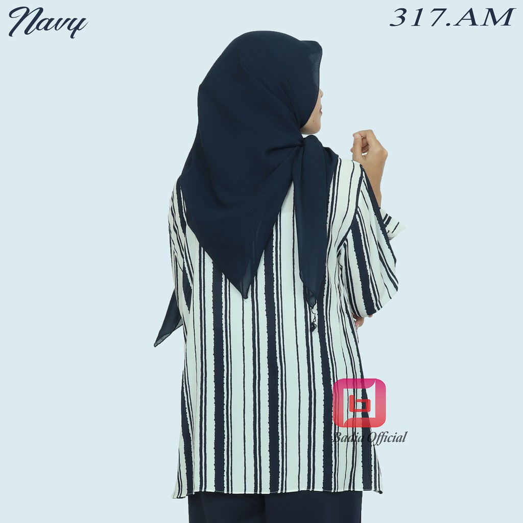 kemeja salur garis garis stripe buble crepe lembut lengan panjang wanita syari premium