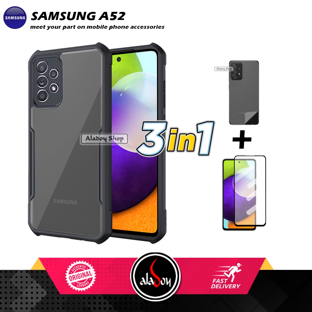 Case SAMSUNG A52 Armor Fushion Transparent Casing + Tempered Glass Full Layar dan Skin Carbon