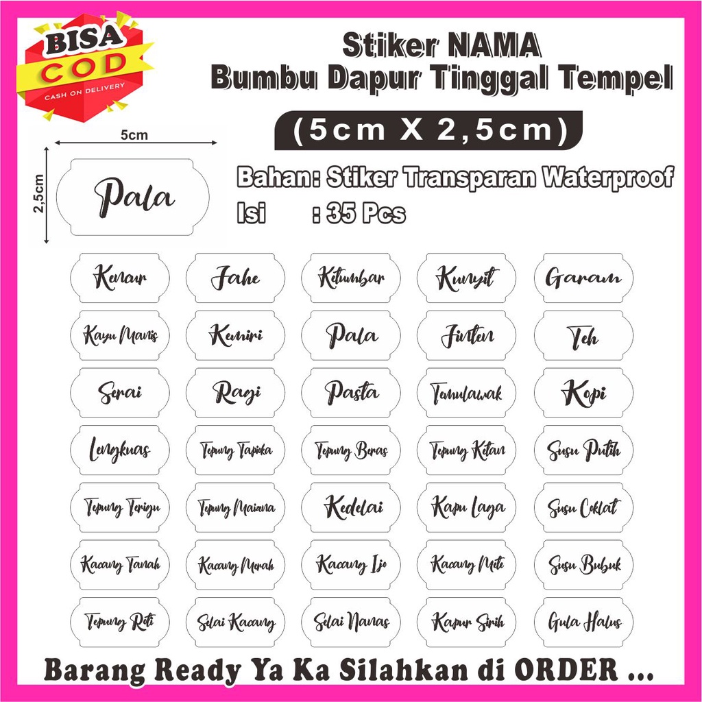 

[COD] Stiker Label Transparan Nama-Nama Bumbu Dapur WATERPROOF isi 35Pcs Ready