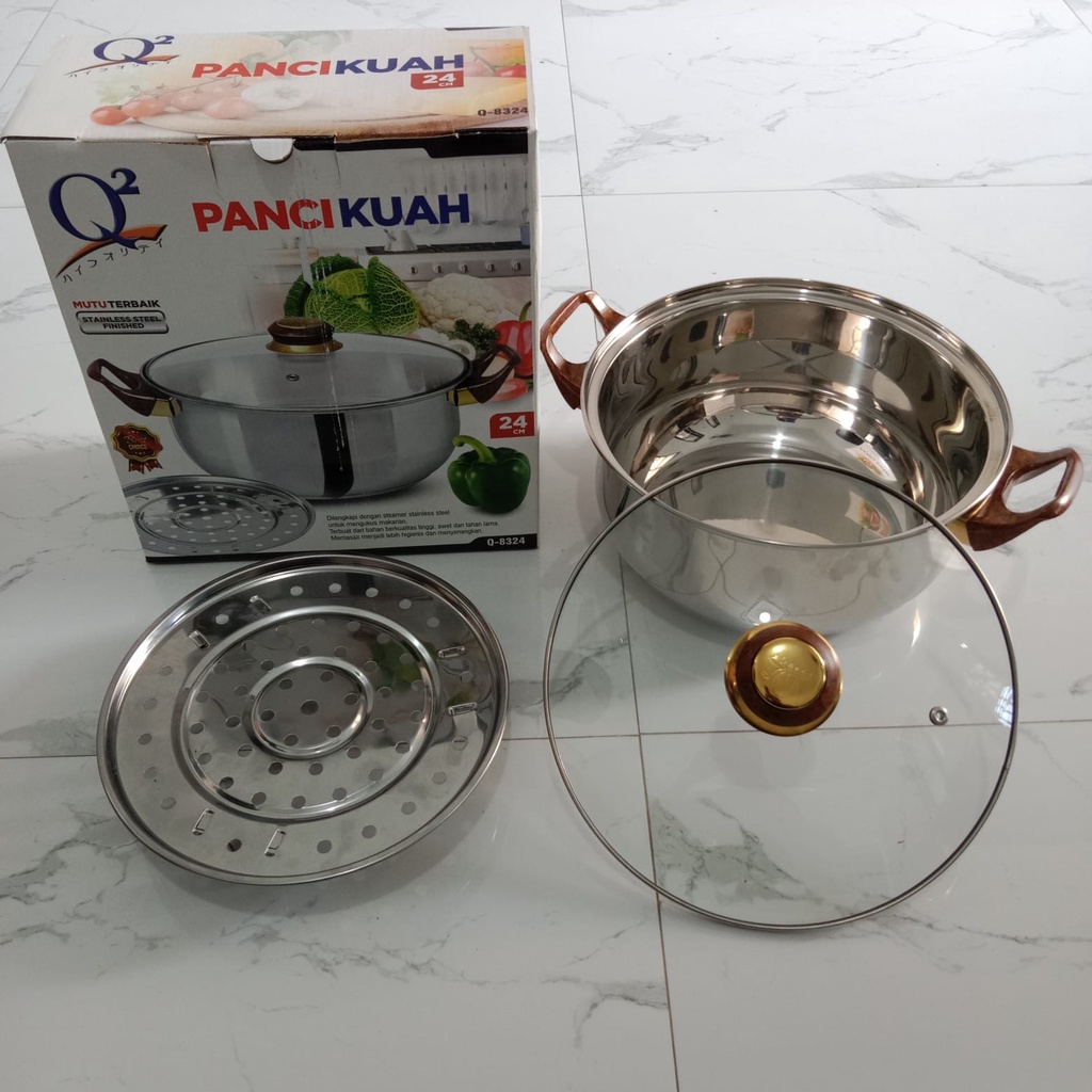 PANCI KUAH Q2-8324 / PANCI KUAH Q2 24CM / PANCI KUWAH 24CM / PANCI SOP 24CM / PANCI KUAH + TUTUP KACA BAHAN STAINLESS STEEL Q2-8312 / Q2 8324