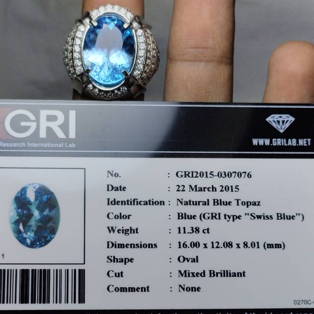 NATURAL SWISS BLUE TOPAZ MEMO GRI RING PERAK 18/8