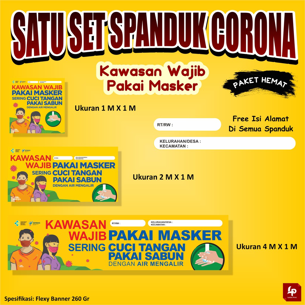 SATU SET SPANDUK / BANNER COVID 19, CORONA, KAWASAN WAJIB PAKAI MASKER