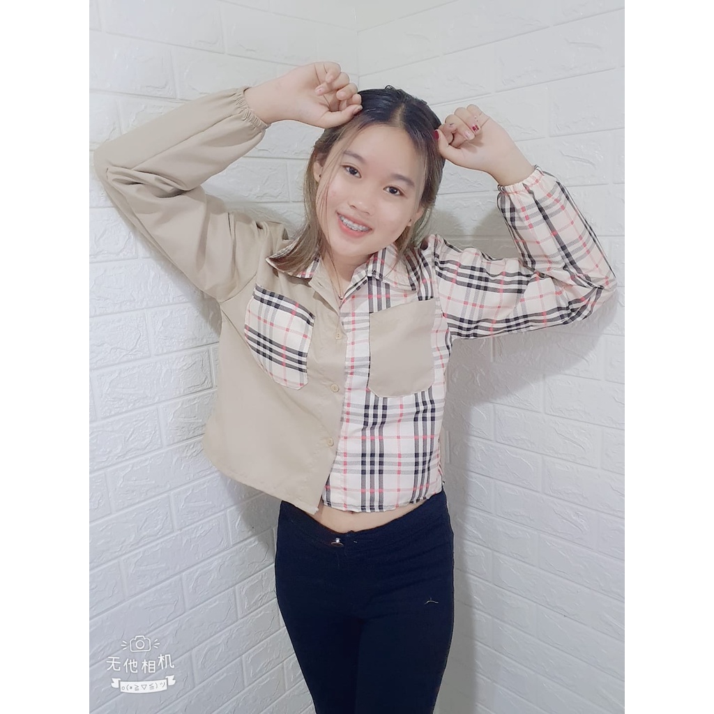 RILLO - PROMO MIKA CROP TOP BLOUSE / KEMEJA WANITA CROP TARTAN-KOTAK CREAM BB