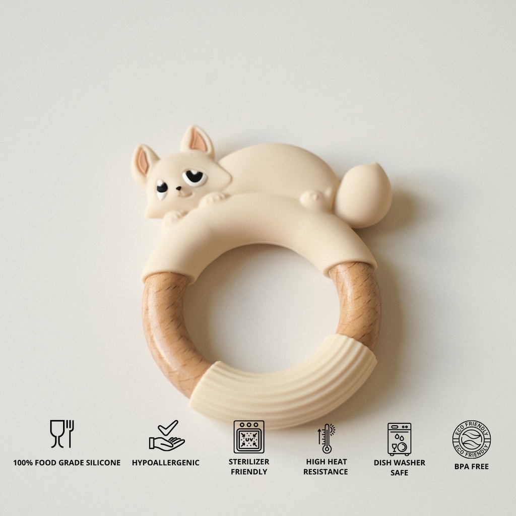 WOODEN - SILICONE BABY TEETHER FOX RING