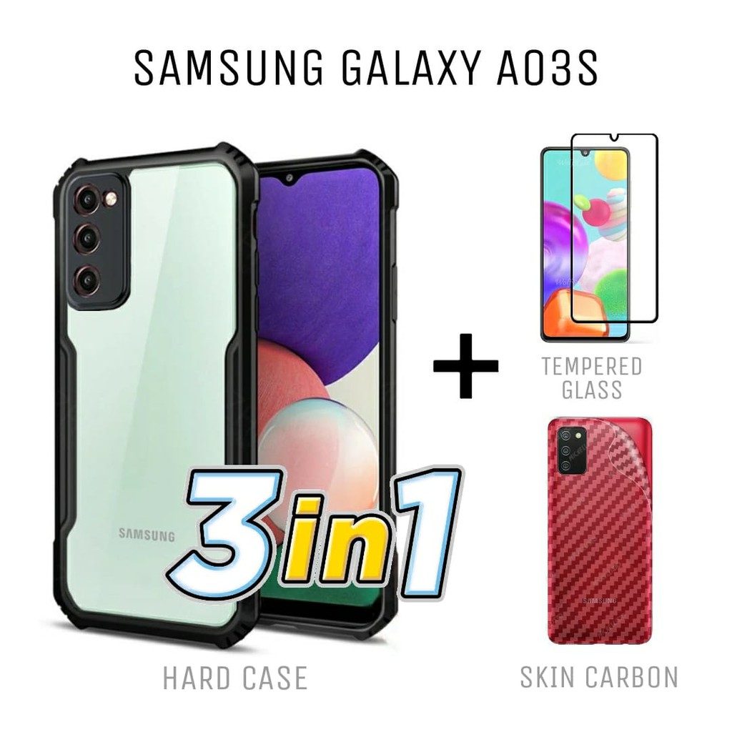 Case SAMSUNG A03S Paket 3in1 Hard Case Fusion Shockproof Free Tempered Glass Layar dan Skin Carbon