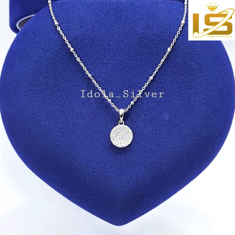 KALUNG PERAK ASLI SILVER WANITA 925 LAPIS EMAS PUTIH MODEL LIONTIN BULAT PERMATA FULL - PERHIASAN PERAK WANITA