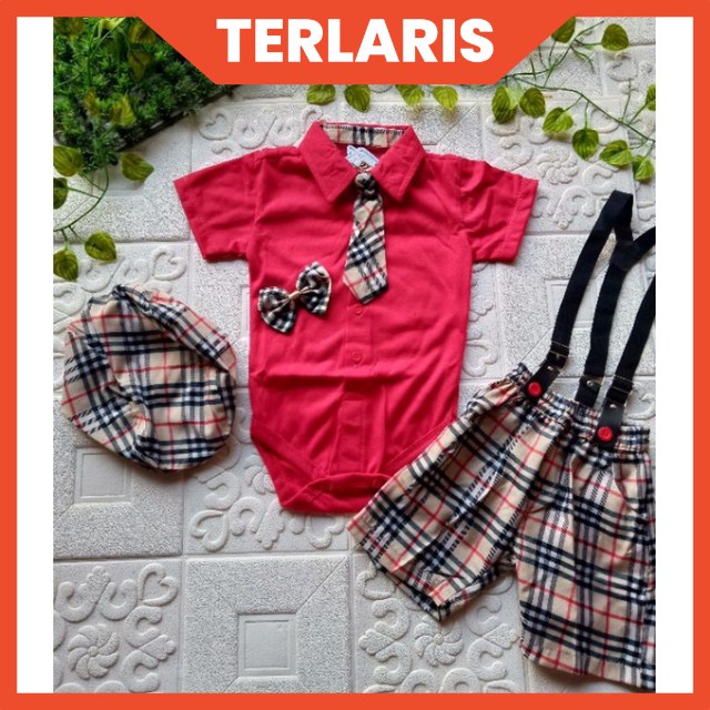 [3-18M] 6in1 Baju setelan jumper celana dasi pergi jalan lucu bestseller fashion anak bayi cowok murah / setelan jumper tuxedo 6in1 set jumper baby boy lucu / hampers baby cowok murah / setelan jumper bayi suspender topi dasi