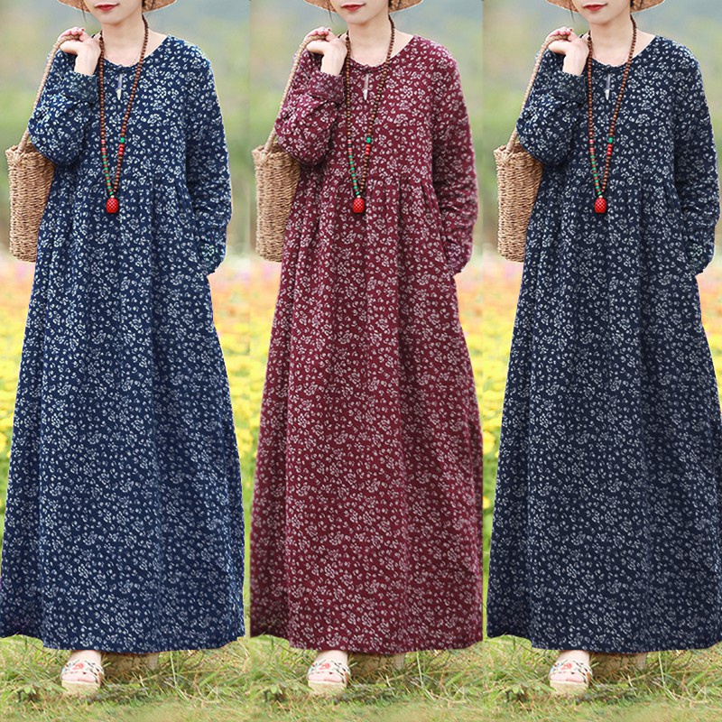 ZANZEA Women Long Sleeve Floral Printed Vintage Crew Neck Maxi Dress