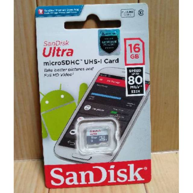 Sandisk Ultra 16GB 80mb/s Class 10 - Memory Micro SD - Original