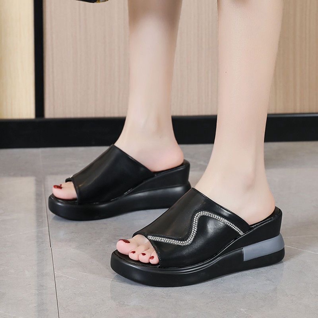 Sandal Wedges Wanita Import Tanpa Tali Belakang Fashion Terbaru Trendy Anti Slip