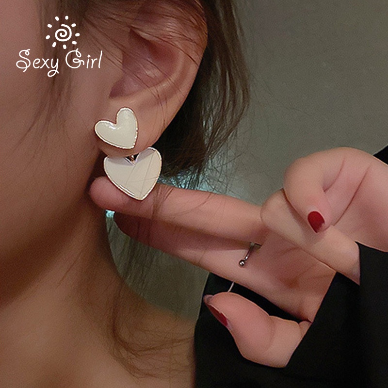 Anting Tusuk Sterling Silver 925 Desain Hati Ganda Warna Putih Susu Gaya Korea Untuk Wanita