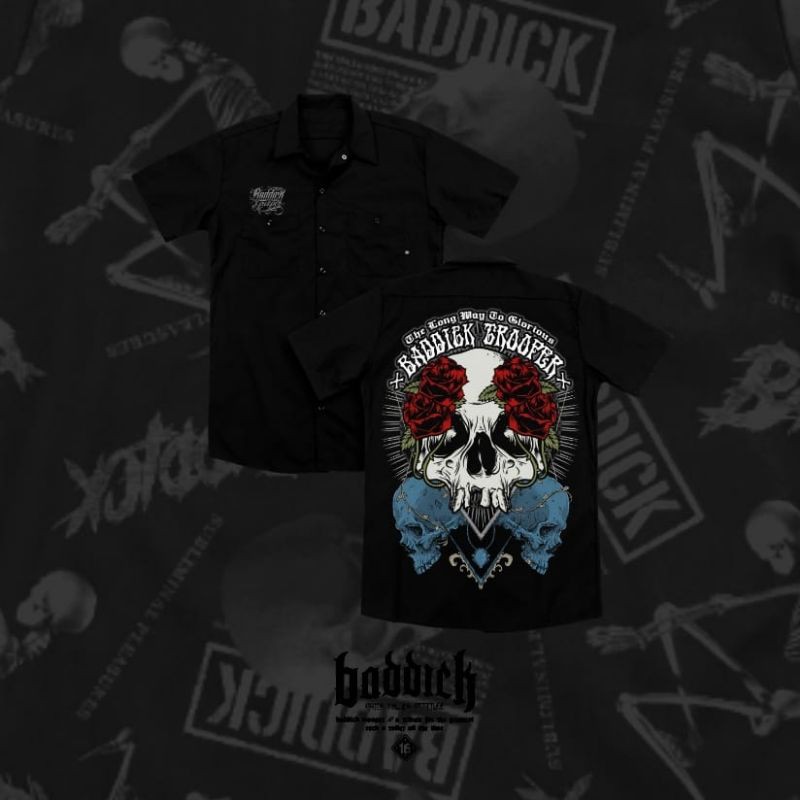 KEMEJA FULL PRINT HARDCORE MOTIF TENGKORAK PRIA COWOK COWO HITAM LENGAN PENDEK BAHAN KATUN