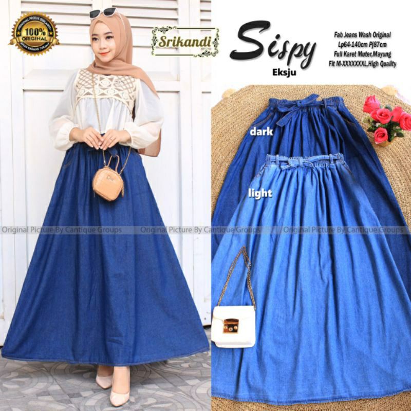 Rok Jeans Jumbo Sispy Fashion Muslim // Rok Jeans Jumbo Variasi Tali Pinggang Full Karet Muter