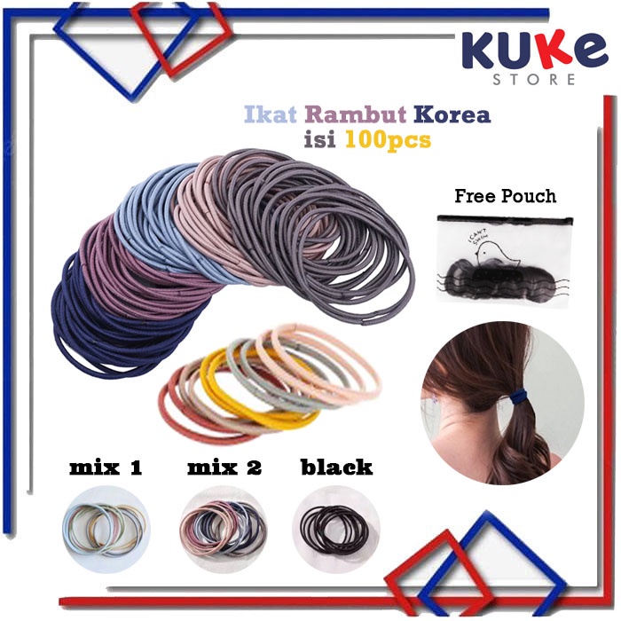 KUKE Ikat Rambut Korea 100pcs / Kunciran Rambut / Ikat Rambut Karet / Karet Rambut Polos Warna Warni / Ikat Rambut I Can Swim