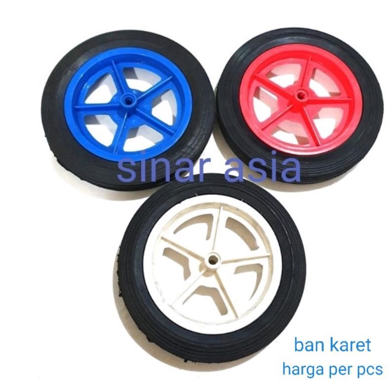 Roda belakang tricycle ( ban karet + velg plastik) per pcs - diameter as lubang 1cm &amp;  lebar velg 14.5cm