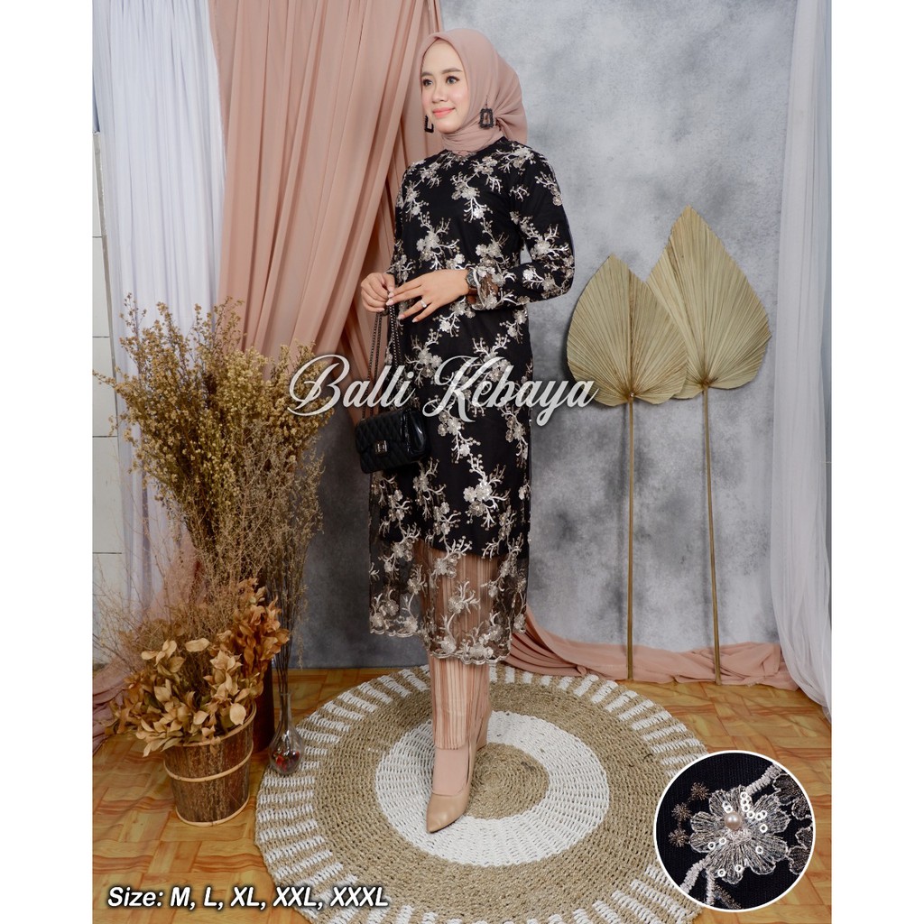 SET LONG TUNIK TULLE BORDIR MUTIARA / SET LONG TUNIK HITAM