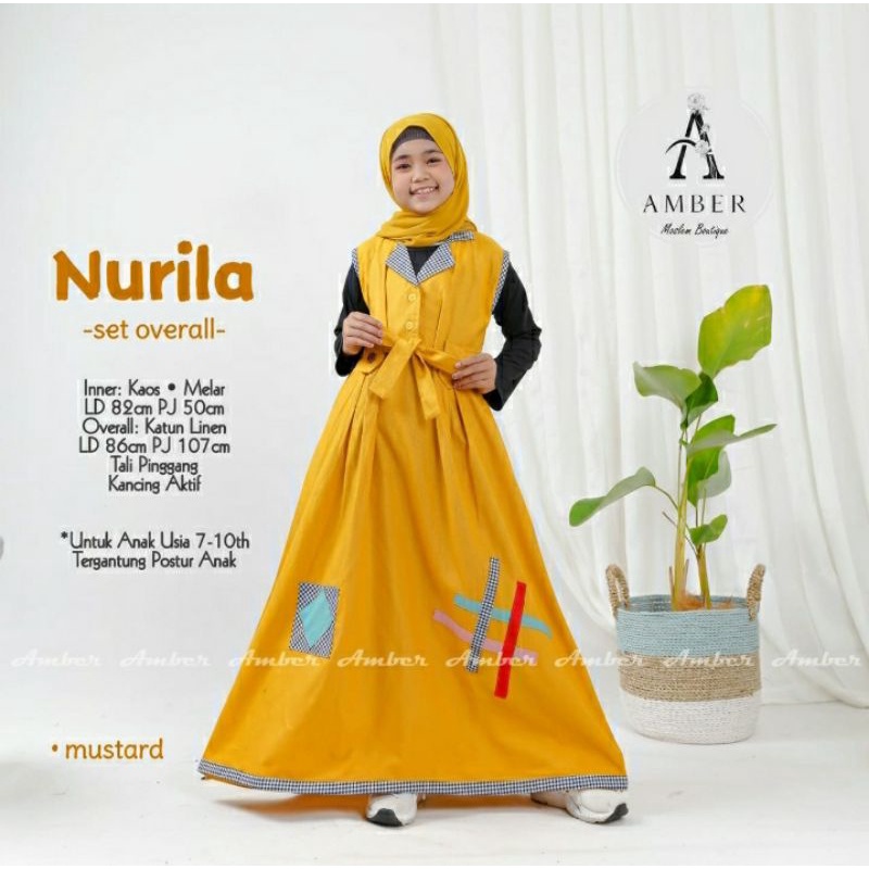 Gamis Anak Tanggung Nurila Set Overall By Amber Untuk Anak Usia 7 8 9 10 tahun Bahan Katun Linen Inn