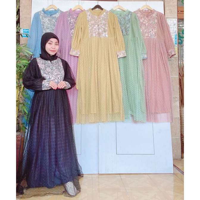 SET GAMIS SYARI LEBARAN BAJU MUSLIM PESTA MEWAH BRUKAT BROKAT TILE POLKADOT JUMBO BUSUI PASHMINA ORI