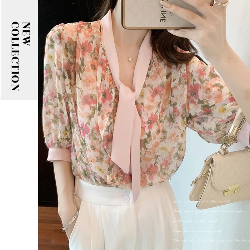 MDLV ~ 2444# Elverta Tie Neck Top Atasan Blouse Wanita Fashion Import