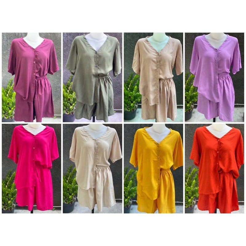 BAJU TIDUR WANITA SETELAN KANCING CELANA PENDEK RAYON GRADE A WARNA POLOS